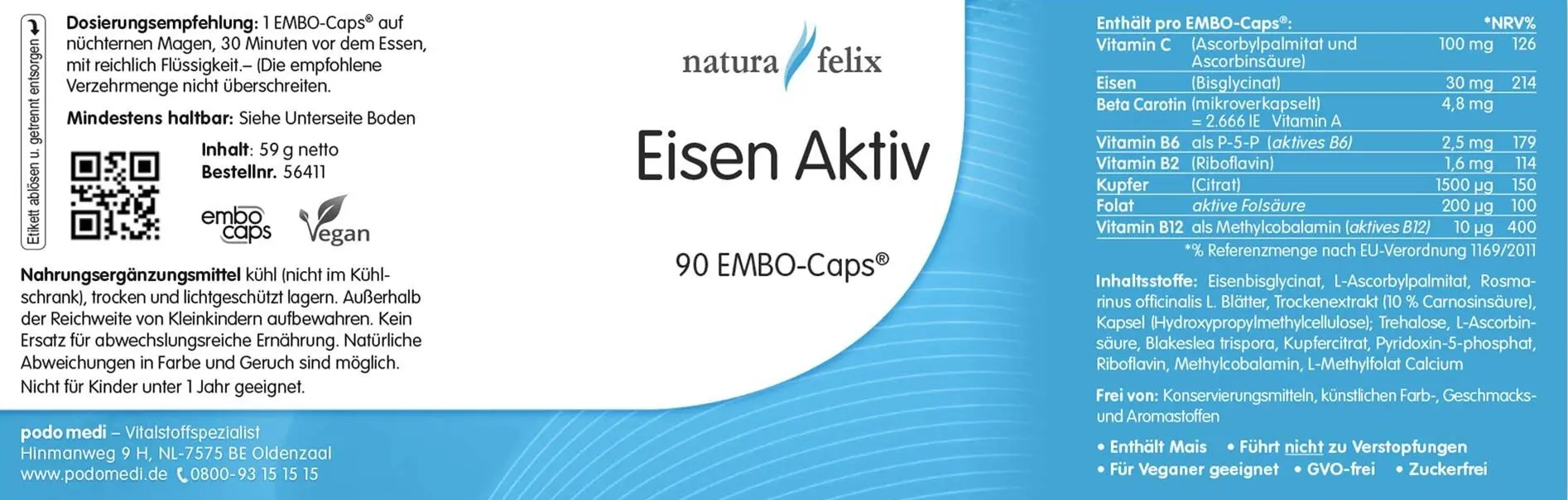 Natura Felix Eisen Aktiv Eisenchelate von podo medi beinhaltet 90 Kapseln Etikett