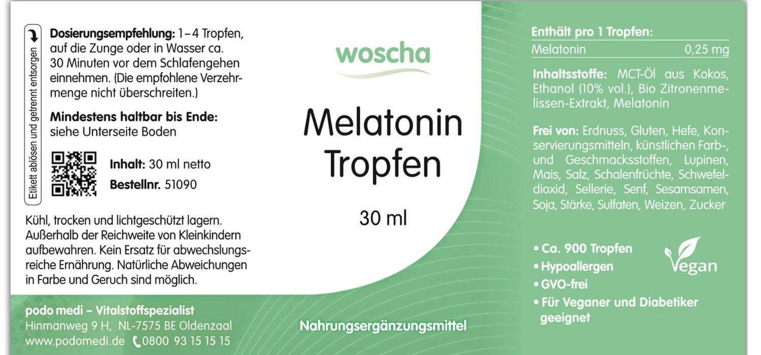 Woscha Melatonin Tropfen von podo medi in 30 Milliliter Flasche Etikett