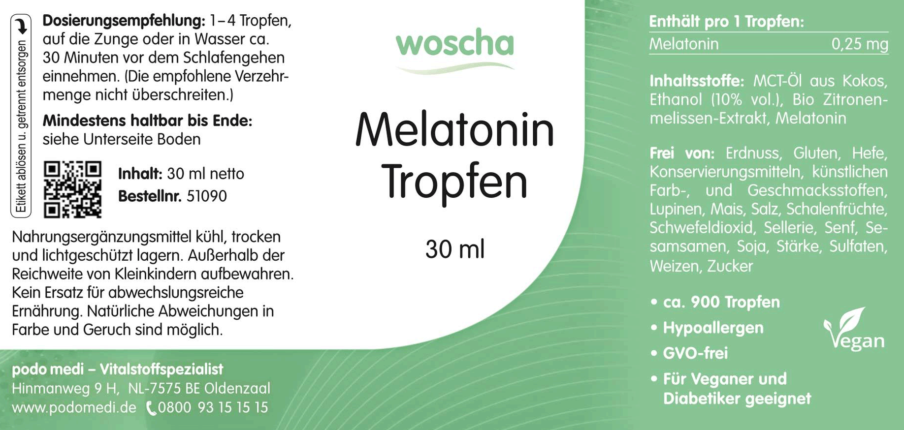 Woscha Melatonin Tropfen podo medi 30 ml Etikett Woscha Melatonin Tropfen von podo medi in 30 Milliliter Flasche Etikett