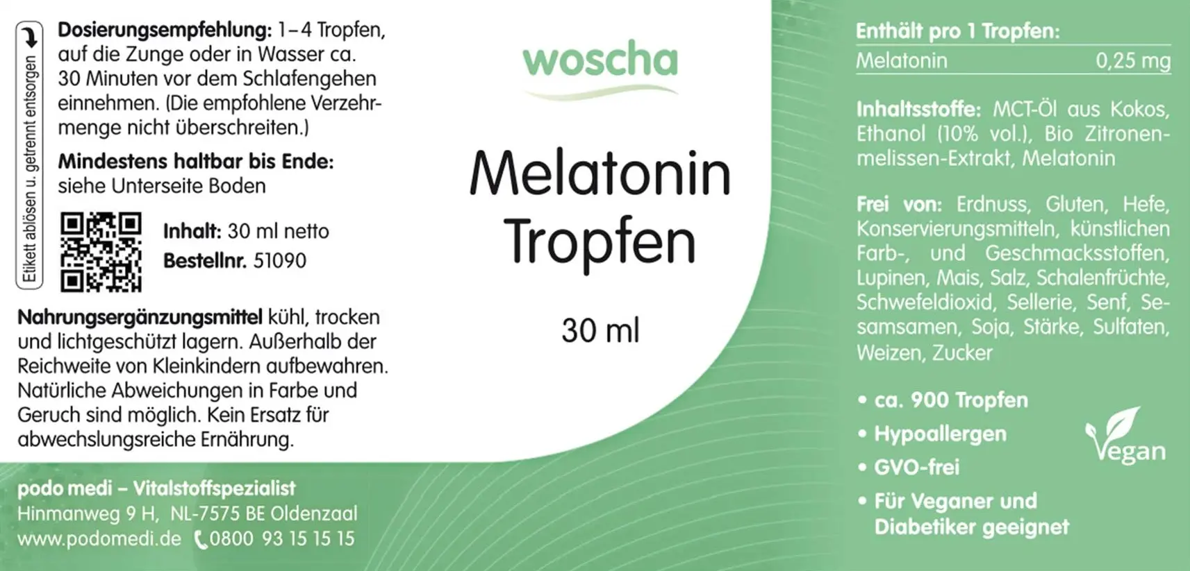 Woscha Melatonin Tropfen von podo medi in 30 Milliliter Flasche Etikett