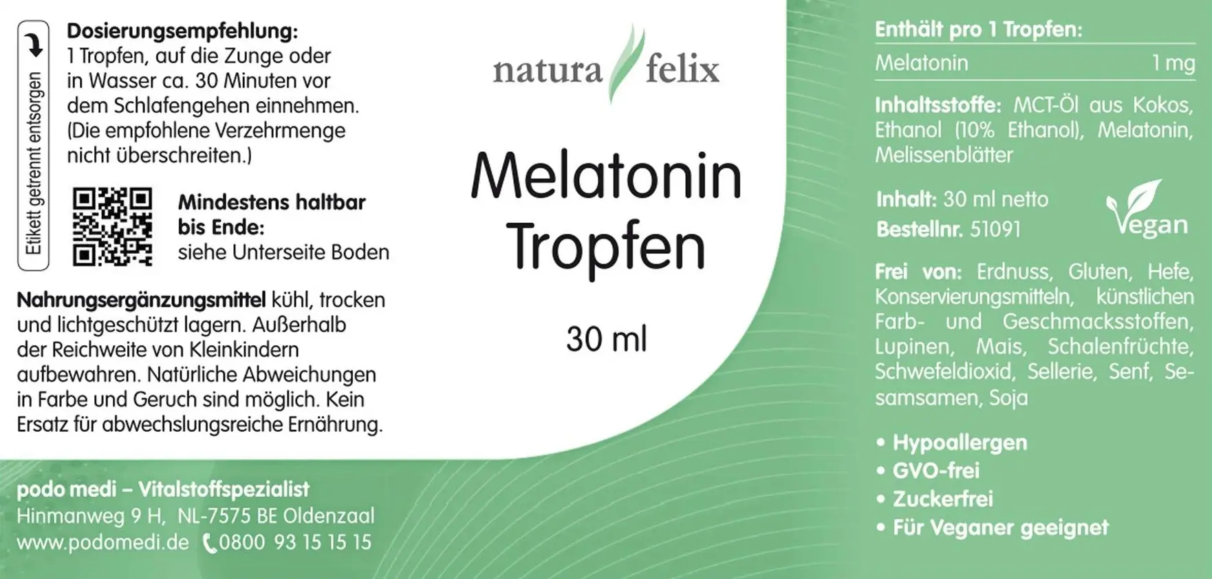 Natura Felix Melatonin Tropfen, 30 ml  EAN: 8717729190227