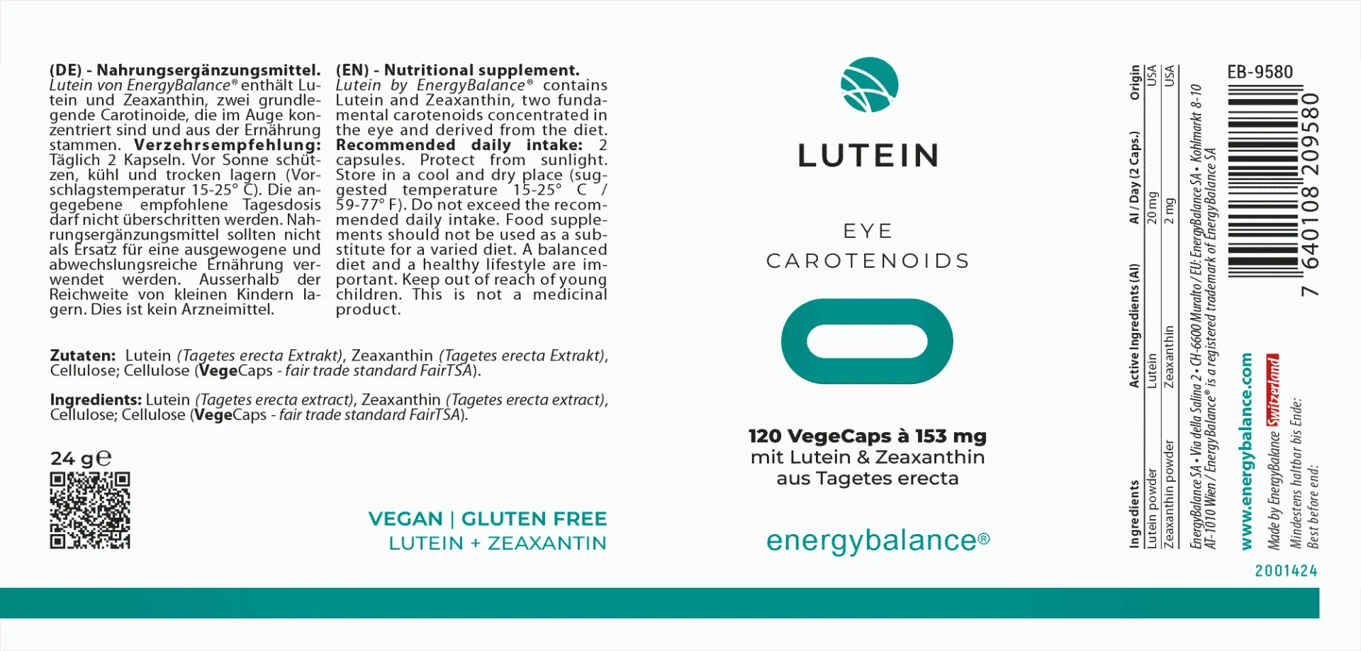 EnergyBalance Luteïne & Zeaxanthine – carotenoïden voor de ogen, 120 VegeCaps  EAN: 7640108209580