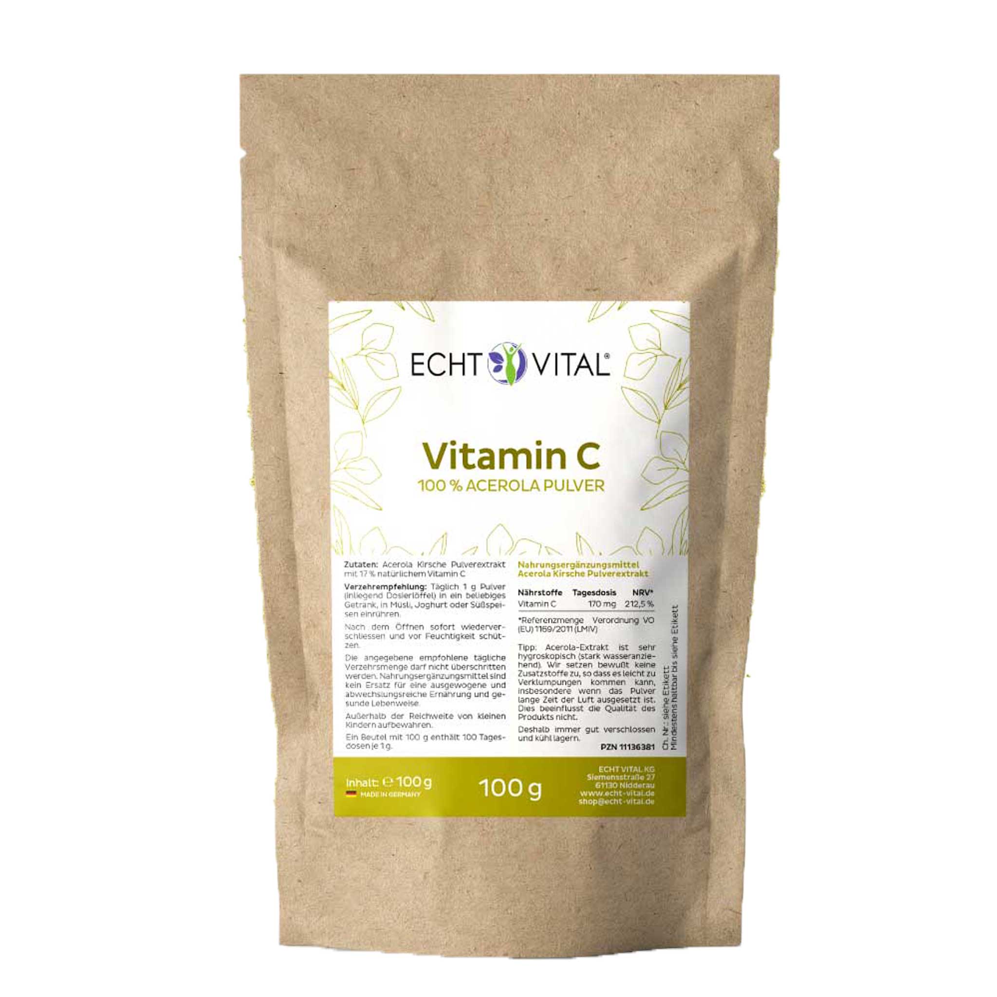 Vitamin C Acerolapulver von Echt Vital in 100 Gramm Packung