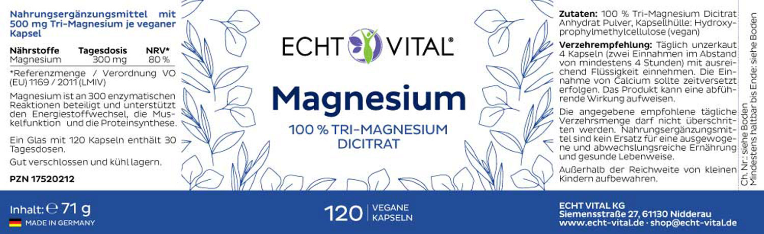 Etikett Magnesium Dicitrat Kapseln von Echt Vital beinhaltet 120 vegane Kapseln