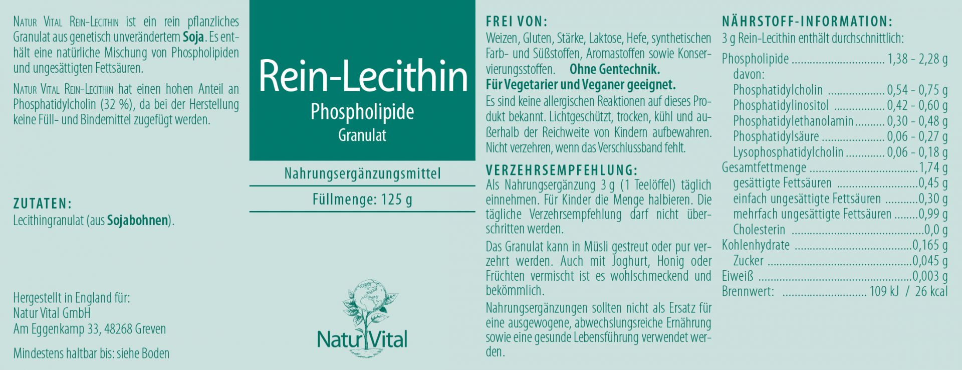 Rein Lecithin Granulat von Natur Vital beinhaltet 125 Gramm Etikett