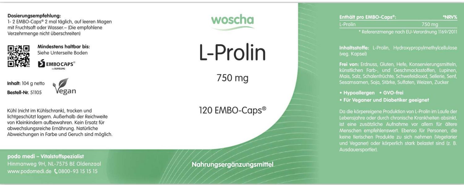 Woscha L-Prolin von podo medi beinhaltet 120 Kapseln Etikett