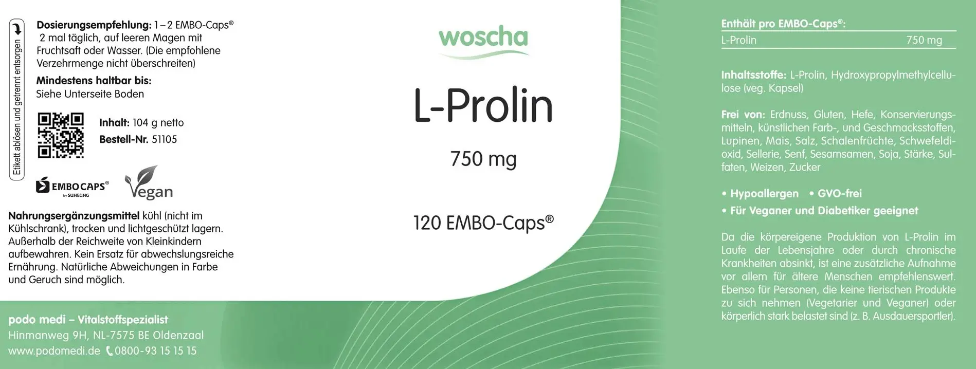 Woscha L-Prolin von podo medi beinhaltet 120 Kapseln Etikett