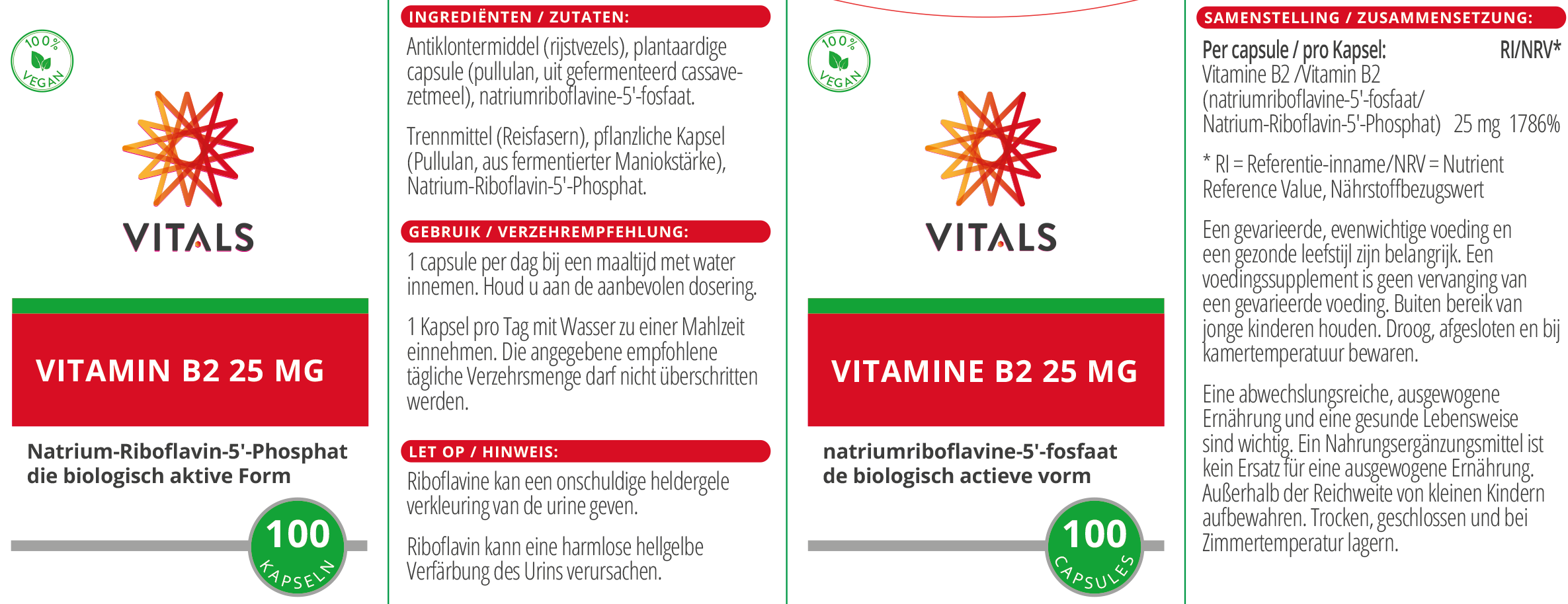 Vitals Vitamin B2 25 mg, 100 Kapseln Riboflavin Vitamin B2 B2 essentielle Vitamine EAN: 8716717003365