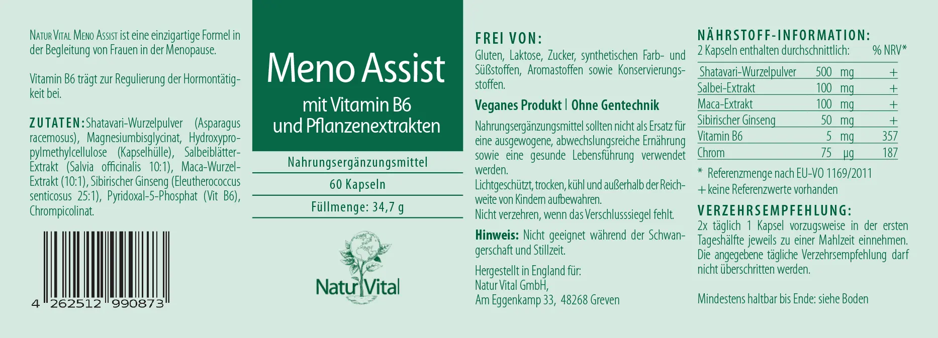 Natur Vital Meno Assist, 60 capsules  EAN: 4262512990873