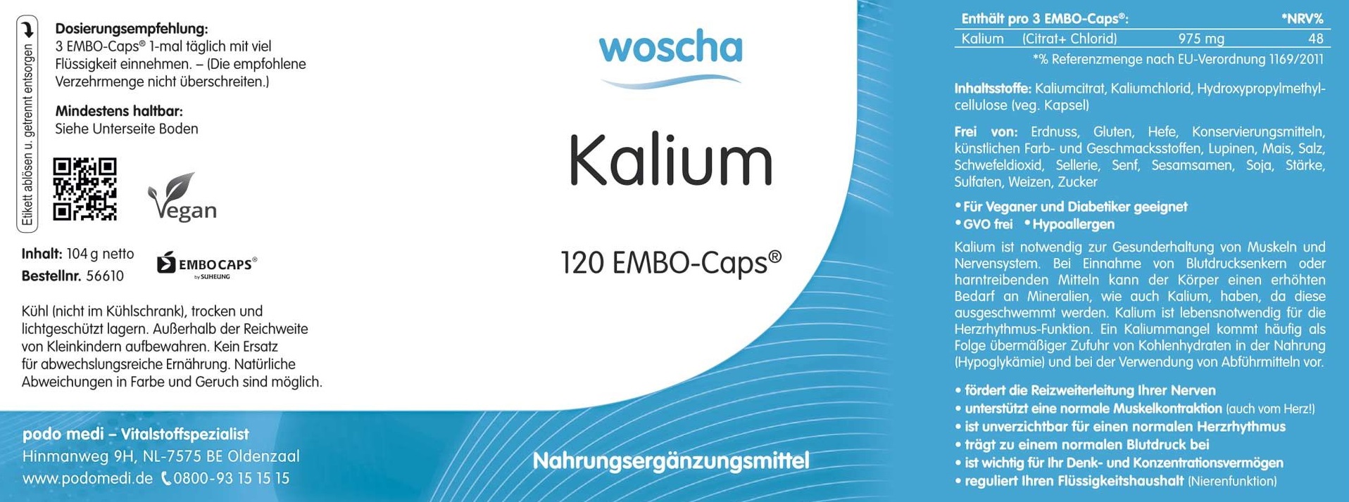Woscha Kalium von podo medi beinhaltet 120 Kapseln Etikett