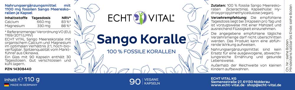 Etikett Sango Koralle von Echt Vital beinhaltet 60 vegane Kapseln