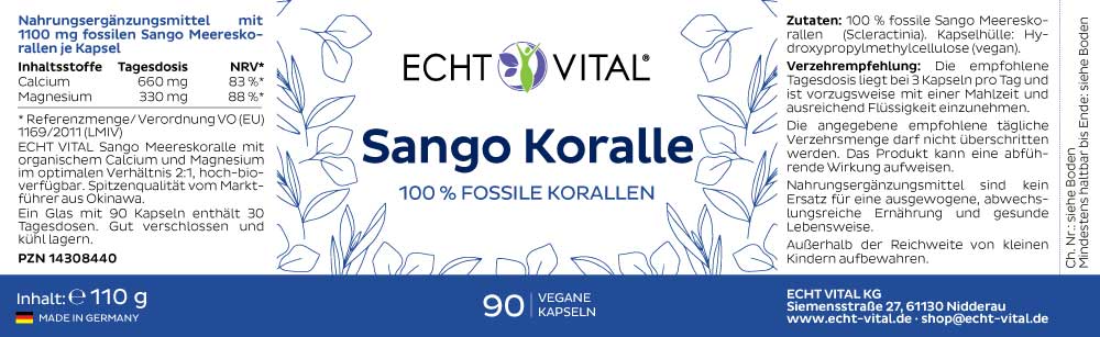 Etikett Sango Koralle Echt Vital 60 vegane Kapseln Etikett Sango Koralle von Echt Vital beinhaltet 60 vegane Kapseln