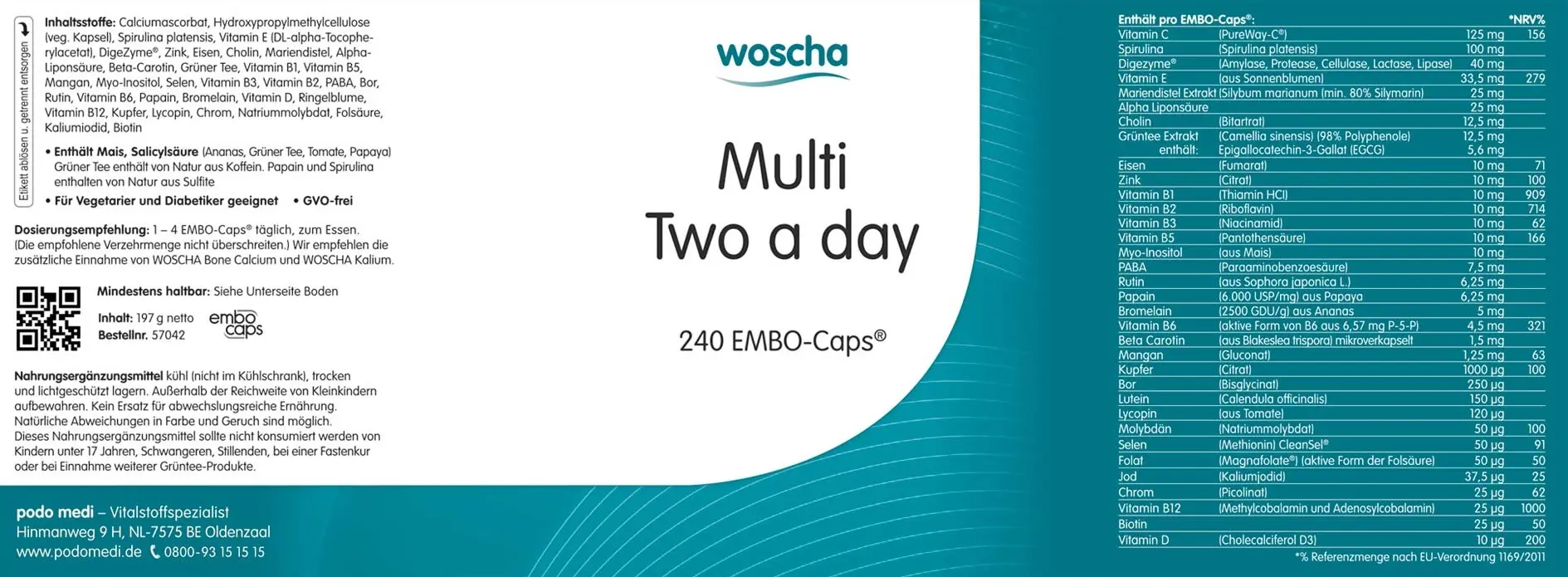 Woscha Multi Two a day von podo medi beinhaltet 240 Kapseln Etikett