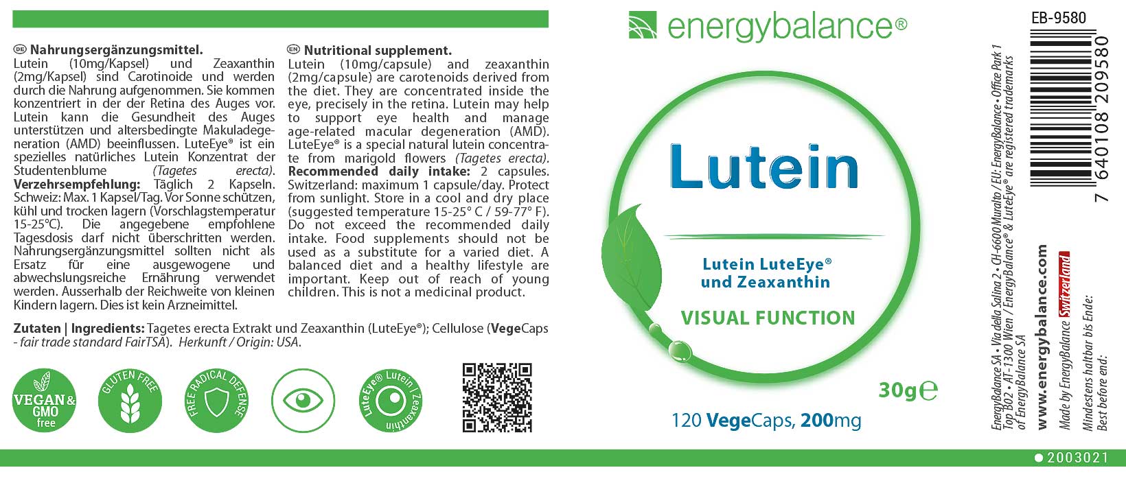 Lutein Etikett von Energybalance