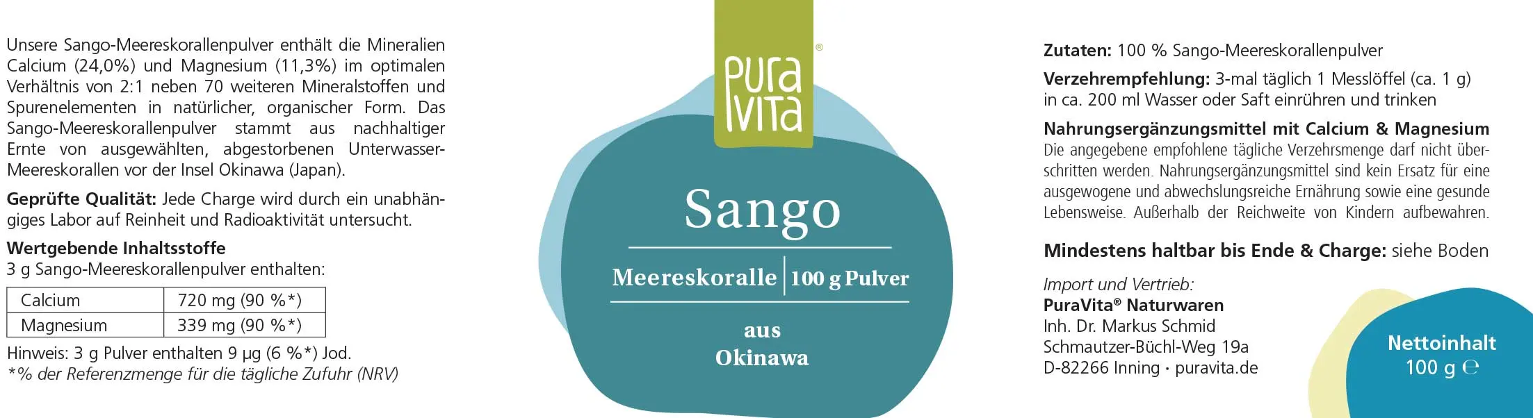 PuraVita Sango Meereskoralle aus Okinawa, 100 g Pulver Knochen EAN: