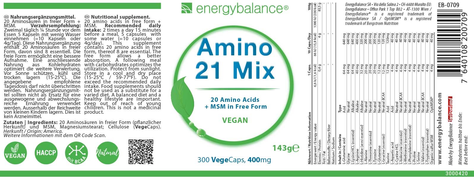 Amino 21 Mix Etikett von Energybalance