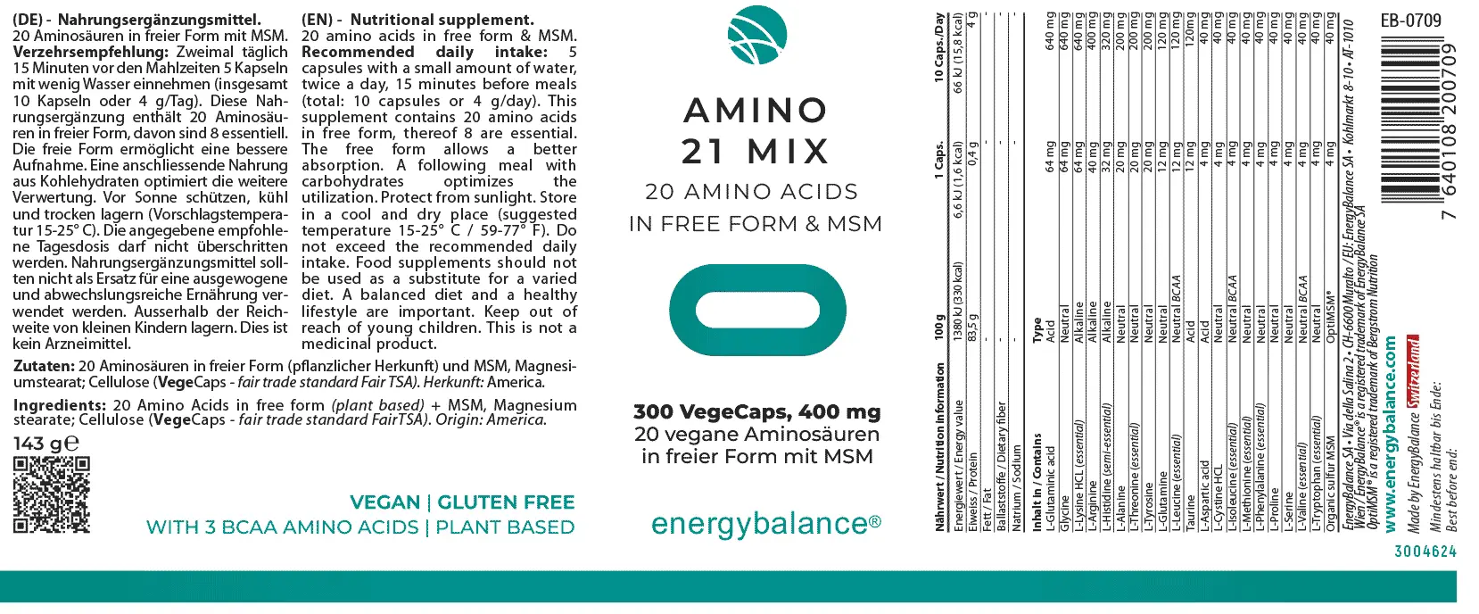 EnergyBalance Amino 21 Mix + MSM, 300 VegeCaps Immunsystem EAN: 7640108200709