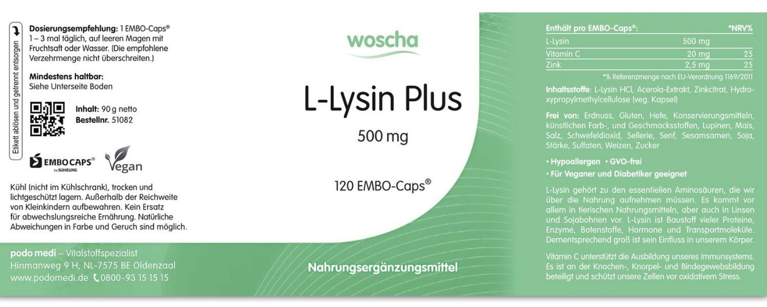L-Lysin Plus Zink und Acerola von podo medi beinhaltet 120 EMBO Caps Etikett