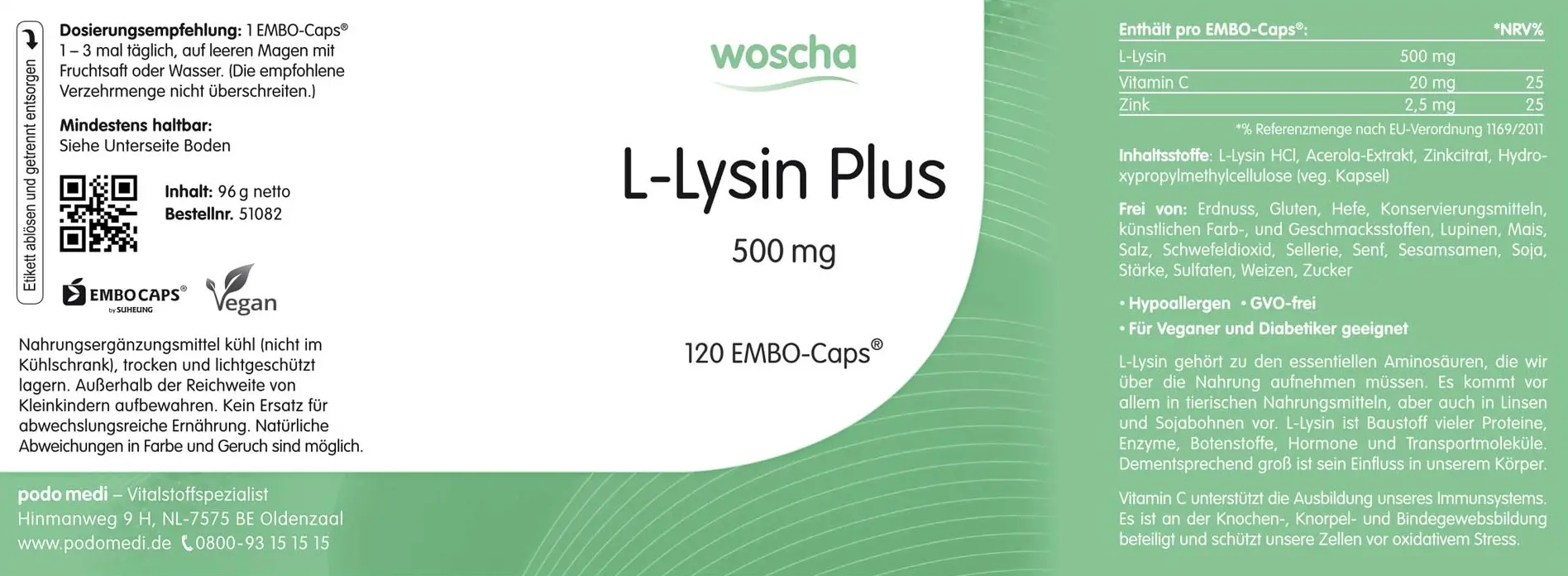L-Lysin Plus Zink und Acerola von podo medi beinhaltet 120 EMBO Caps Etikett