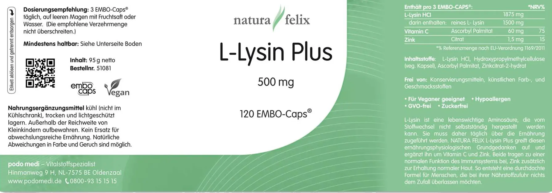 Woscha L-lysine plus zink en acerola, 120 EMBO-caps  EAN: 8717729193693