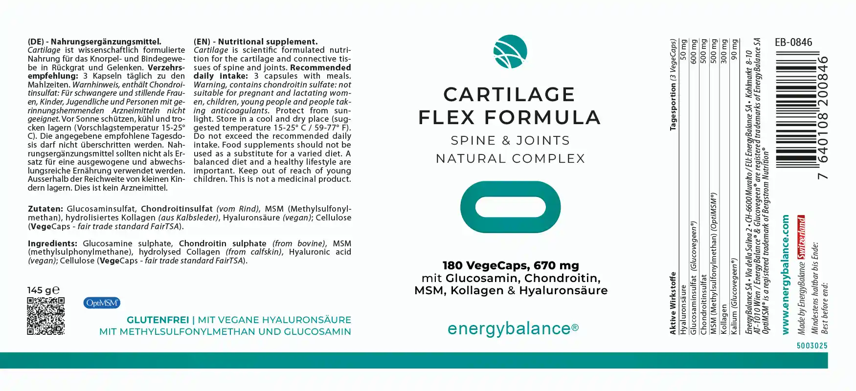 EnergyBalance Cartilage Flex Formula con Glucosamina, Condroitina, Collagene, Acido ialuronico e MSM, 180 capsule Gelenke EAN: 7640108200846