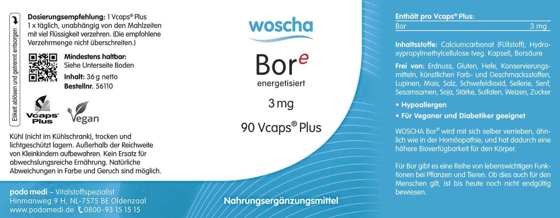 Woscha Bor energetisiert von podo medi beinhaltet 90 Kapseln Etikett