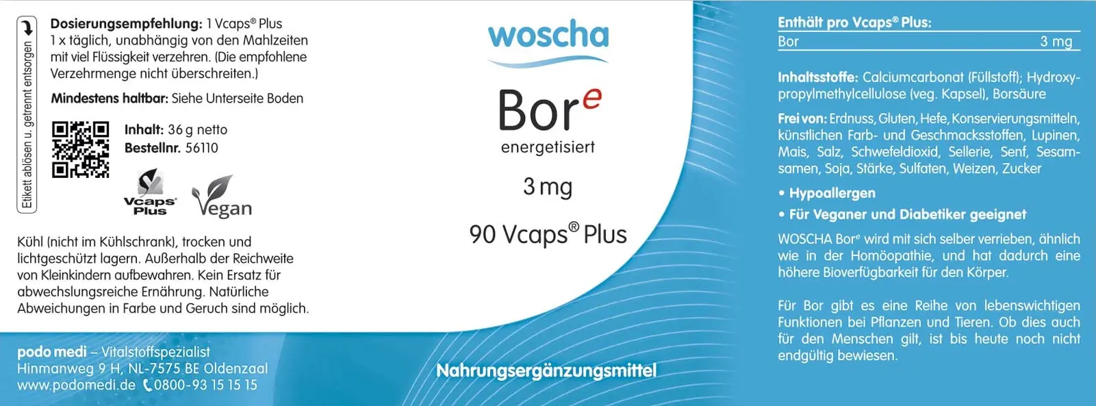 Woscha Bor energetisiert von podo medi beinhaltet 90 Kapseln Etikett