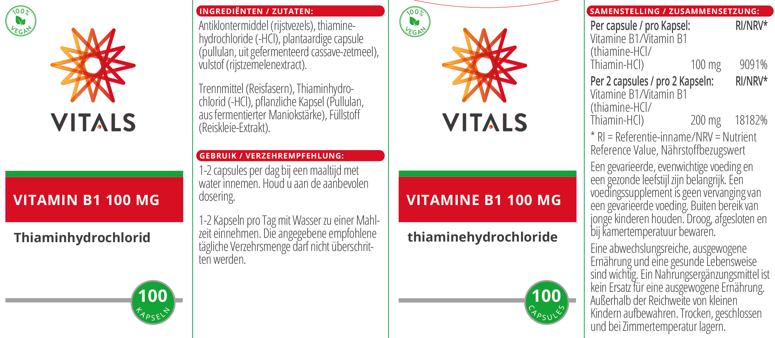 Vitals Vitamin B1 100 mg, 100 Kapseln Vitamin B1 Thiamin hochdosiertes Vitamin B1 Beri-Beri EAN: 8716717000524