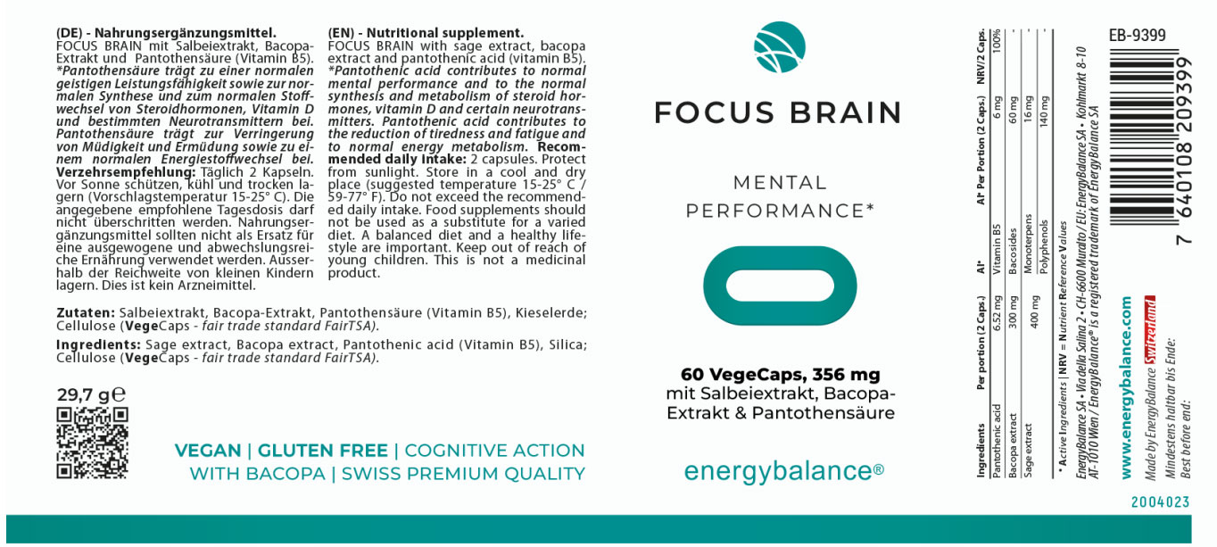 EnergyBalance Focus Brain Mental Performance, 60 VegeCaps Gehirn EAN: 7640108209399