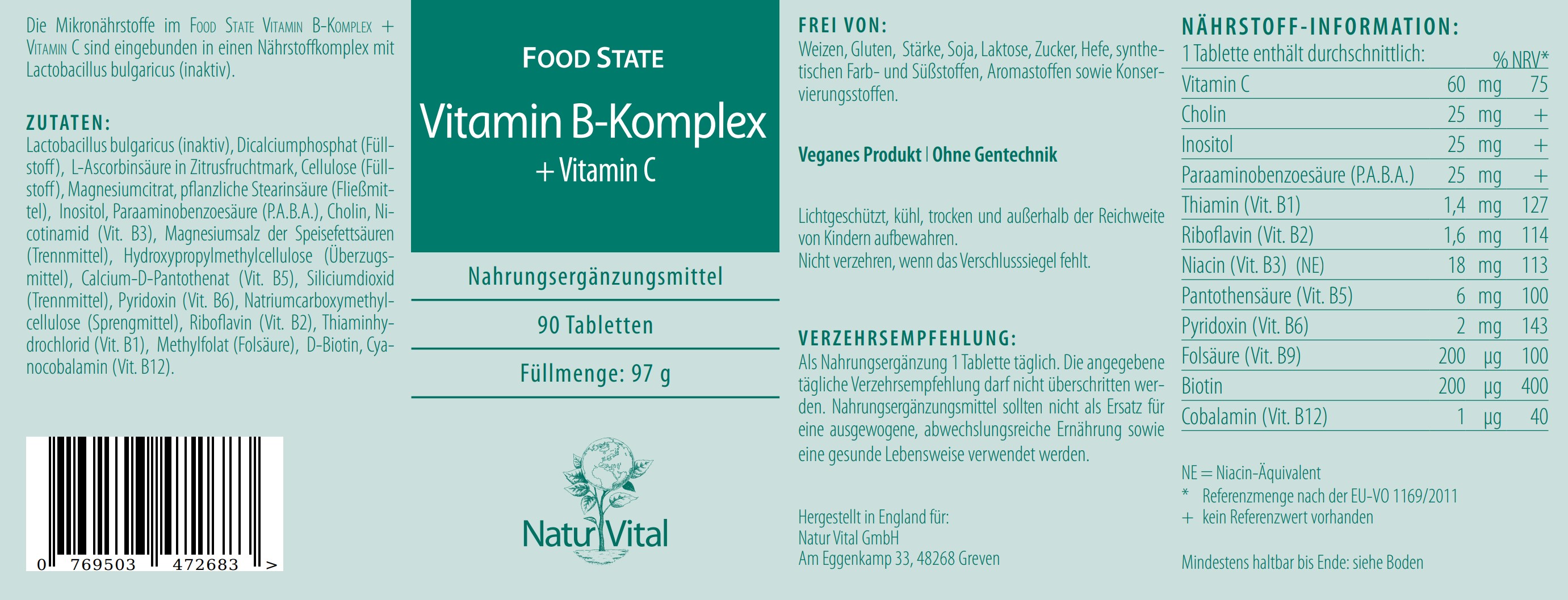 Natur Vital Vitamin B complex Food State, 90 tabs  EAN: 4262512990743