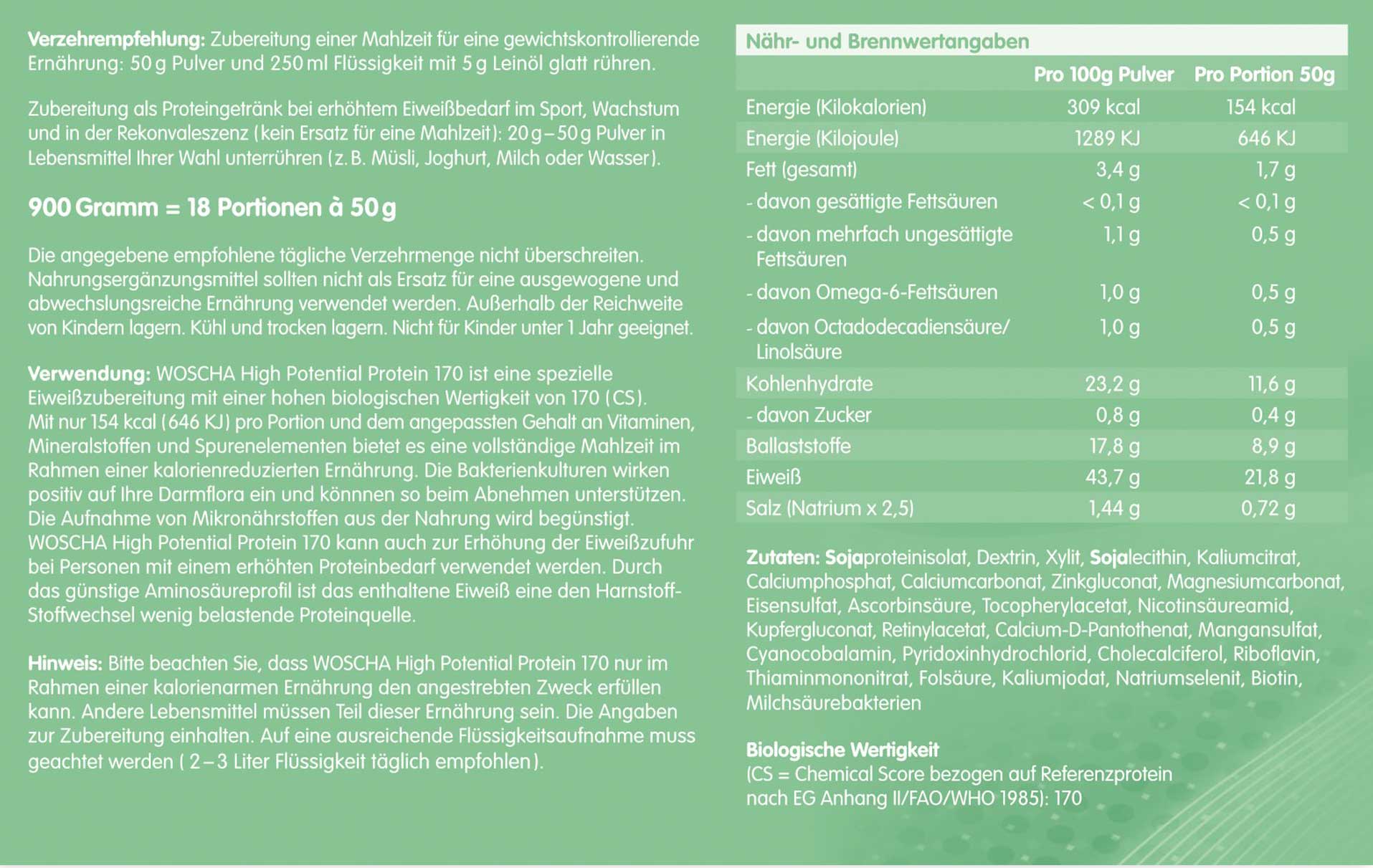 Woscha High Potential Protein 170 von podo medi beinhaltet 900 Gramm Etikett