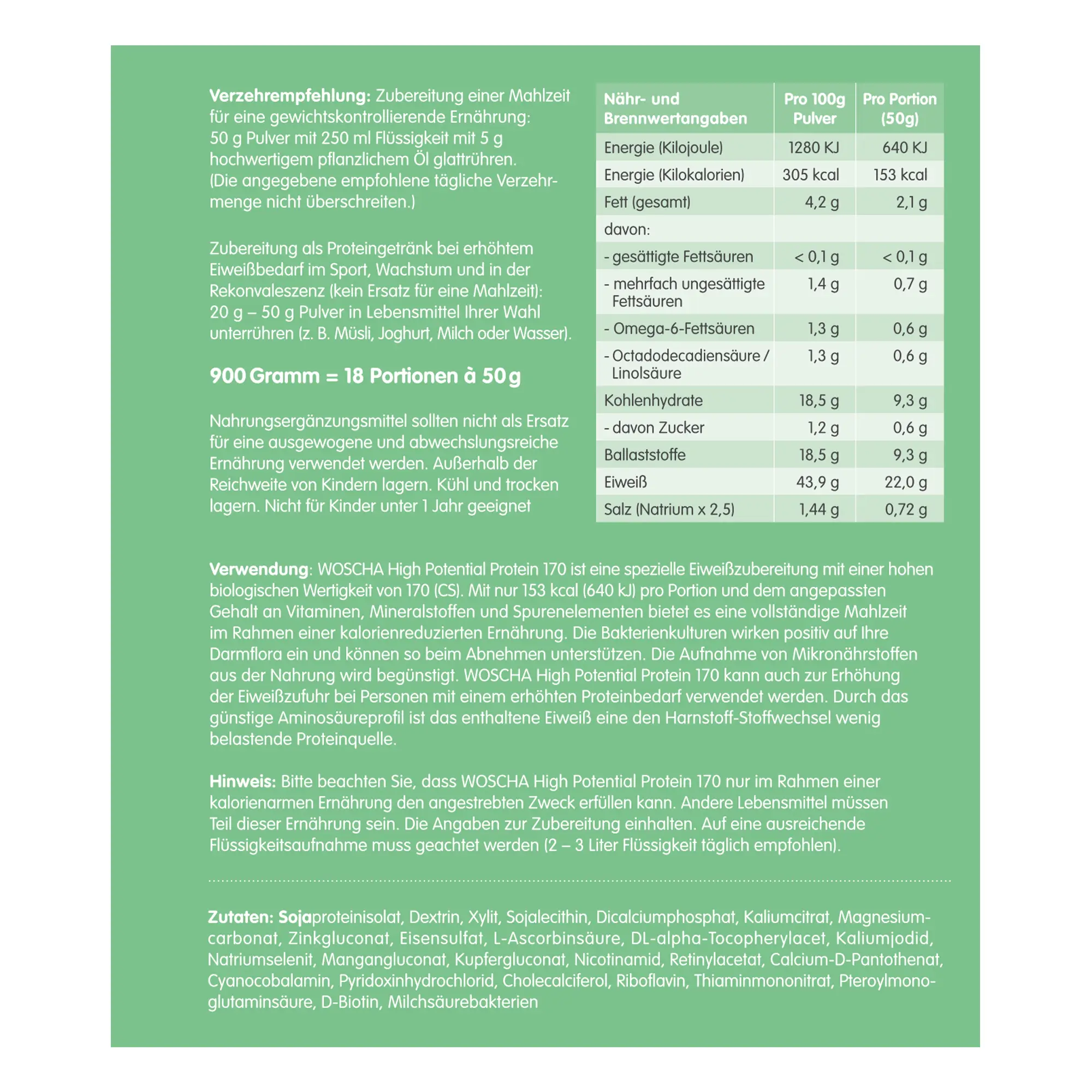Woscha High Potential Protein 170 von podo medi beinhaltet 900 Gramm Etikett