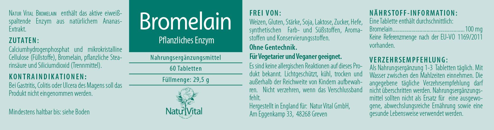 Etikett Bromelain pflanzliches Enzym von Natur Vital beinhaltet 60 Tabletten