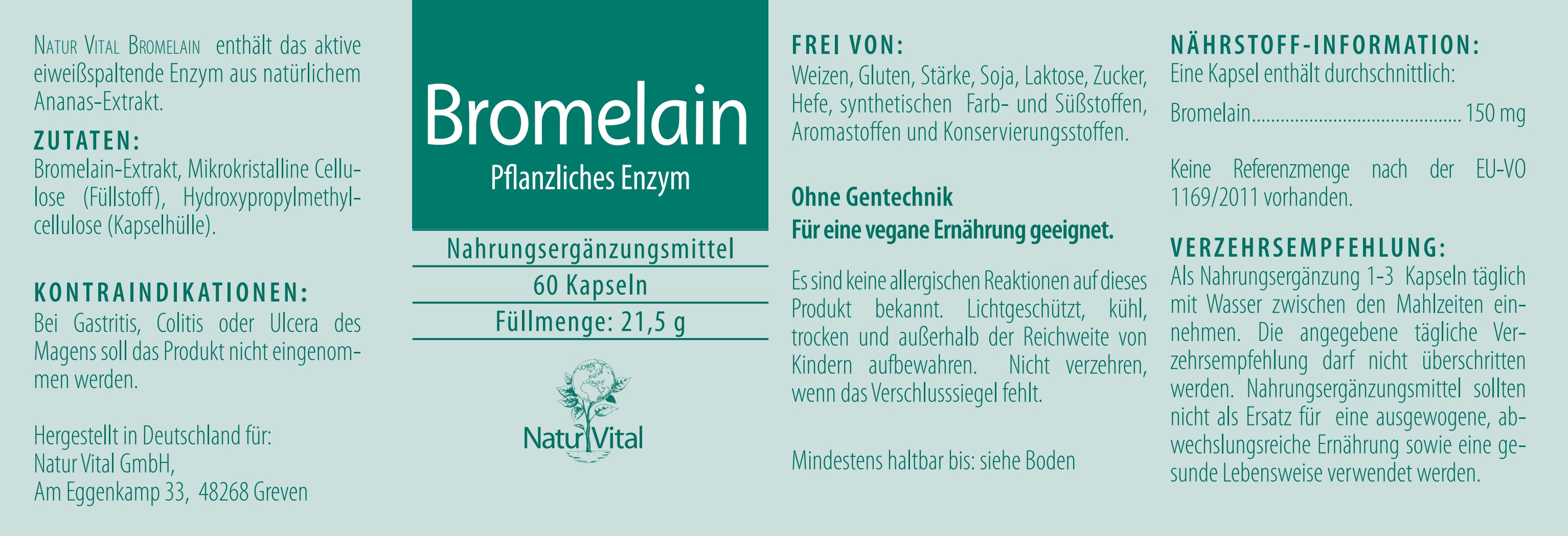 Etikett Bromelain pflanzliches Enzym von Natur Vital beinhaltet 60 Tabletten