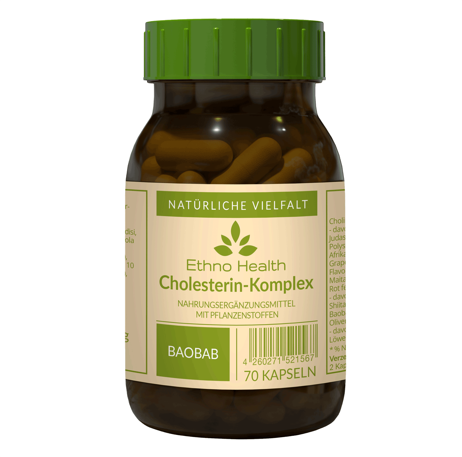 Ethno Health Cholesterin-Komplex, 70 Kapseln Cholesterin; Shiitake; Vitalpilze; Cholin; Leberschaden EAN: 4260271521567