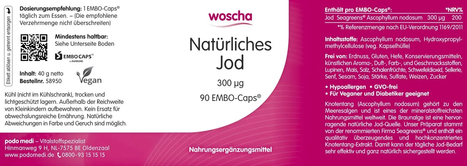 Woscha Natürliches Jod von podo medi beinhaltet 90 Kapseln Etikett