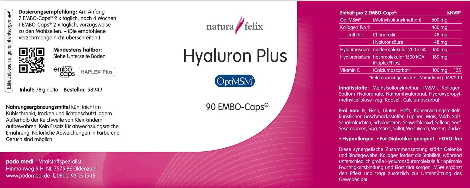 Natura Felix Hyaluronsäure plus OptiMSM von podo medi beinhaltet 90 Kapseln Etikett