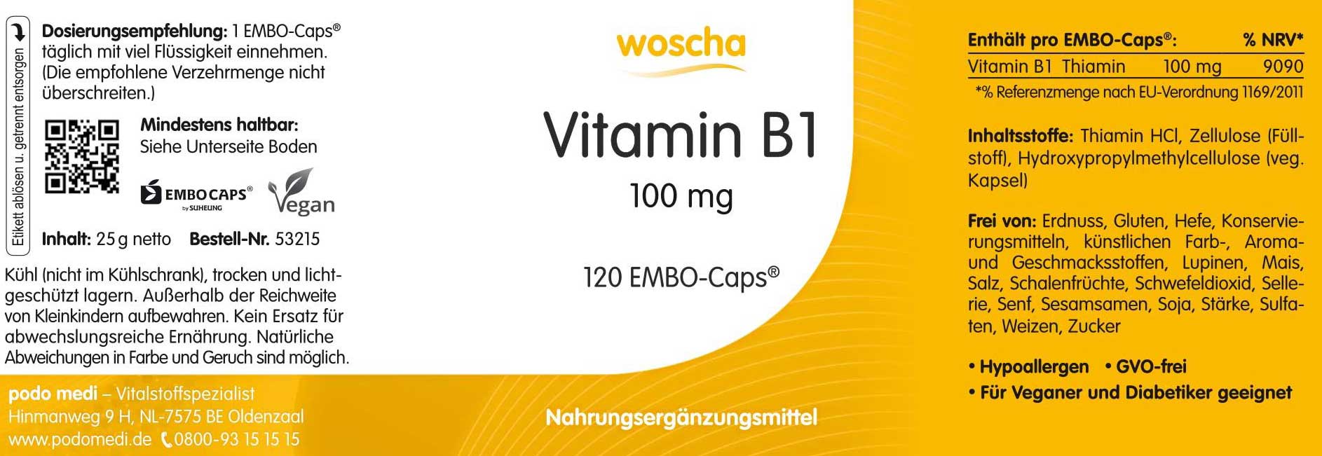 Woscha Vitamin B1 von podo medi beinhaltet 120 Kapseln Etikett