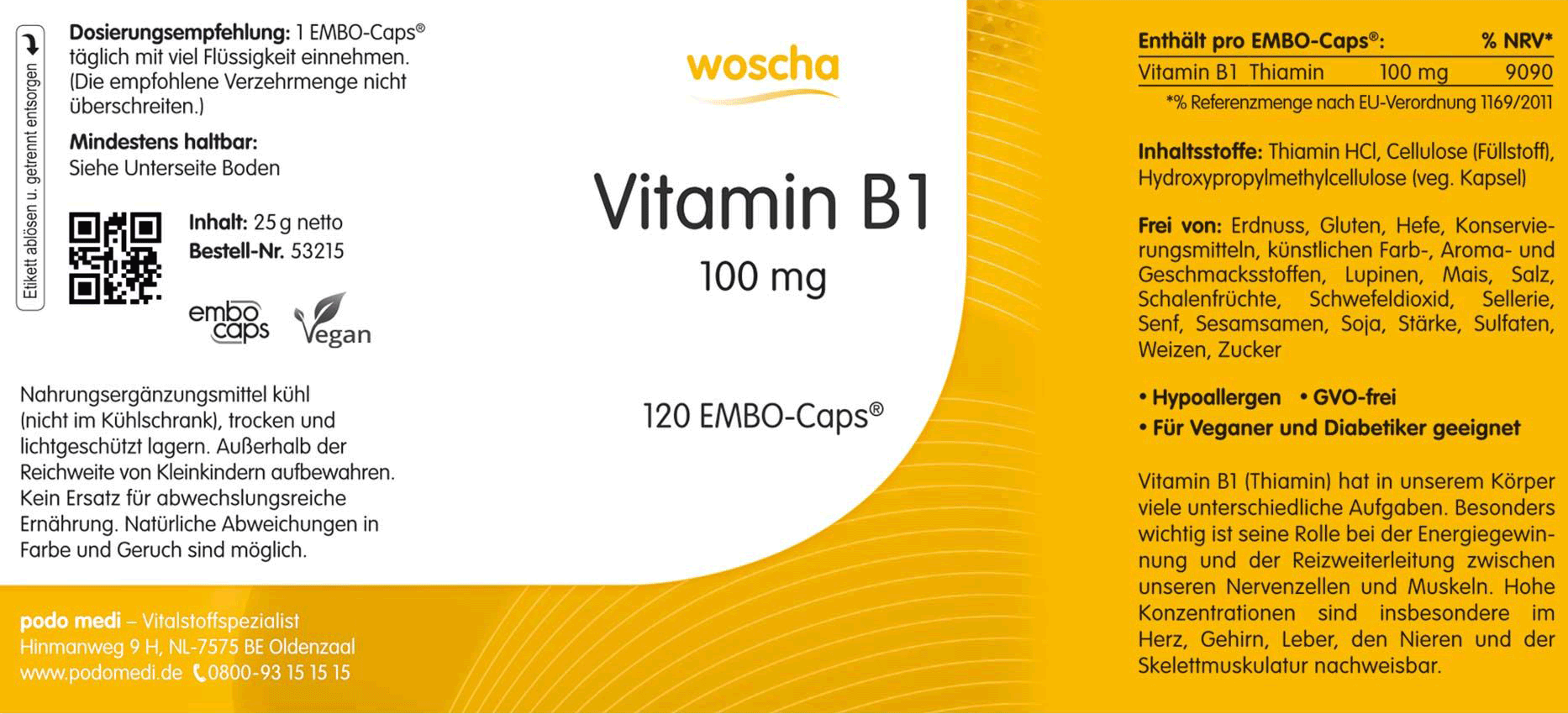 Woscha Vitamin B1 podo medi 120 Kapseln Etikett Woscha Vitamin B1 von podo medi beinhaltet 120 Kapseln Etikett