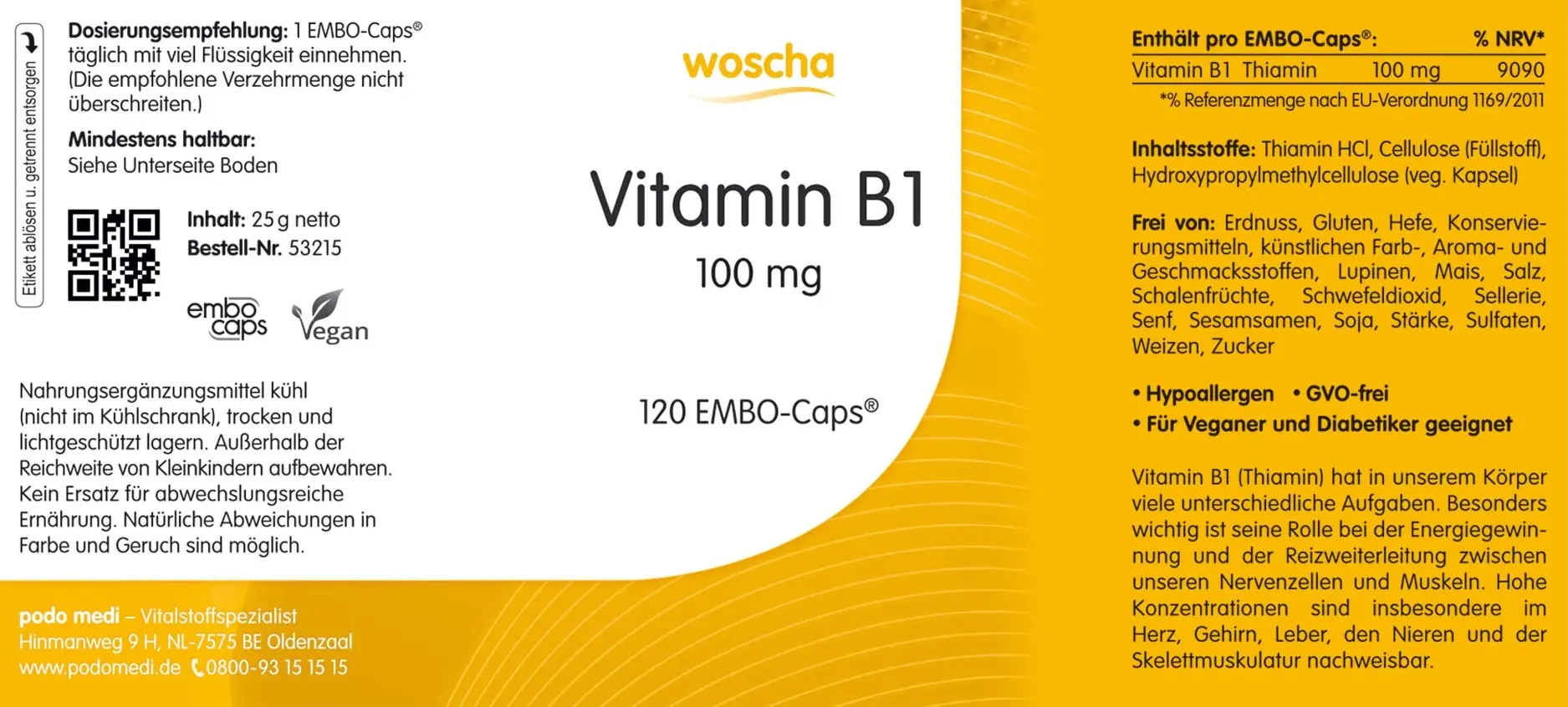 Woscha Vitamin B1, 120 Kapseln Vitamin B1 Thiamin hochdosiertes Vitamin B1 Beri-Beri EAN: 8717729190654
