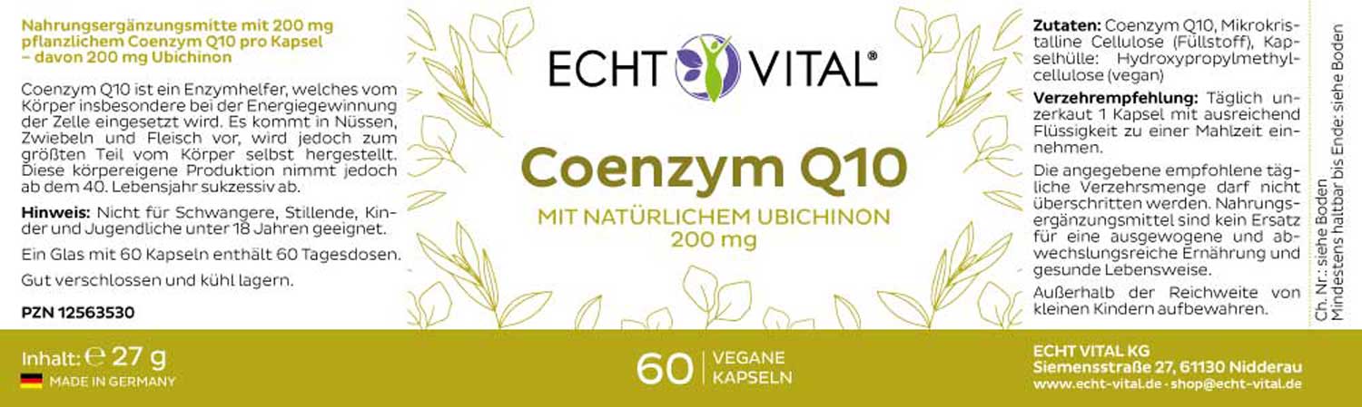 Etikett Coenzym Q10 von Echt Vital beinhaltet 60 vegane Kapseln