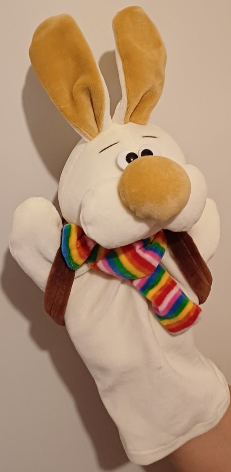 Easter bunny hand puppet with rucksack