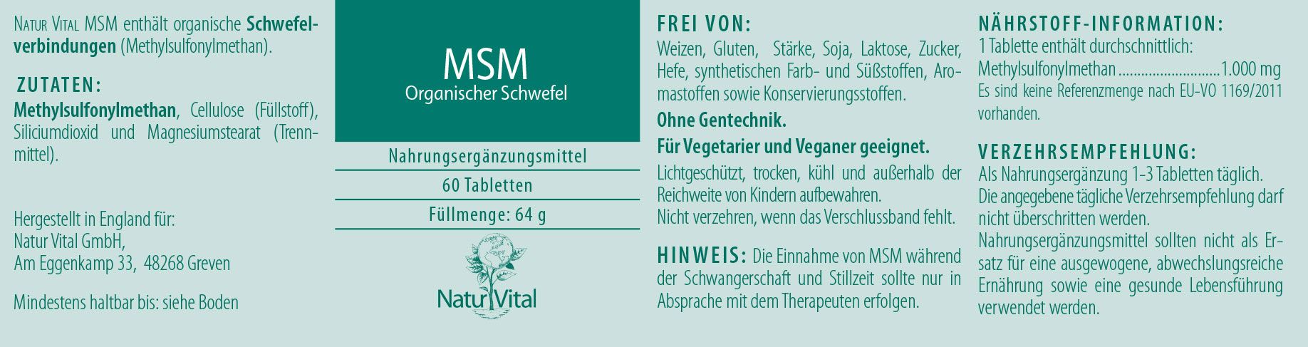 Etikett MSM Organischer Schwefel von Natur Vital beinhaltet 60 Tabletten
