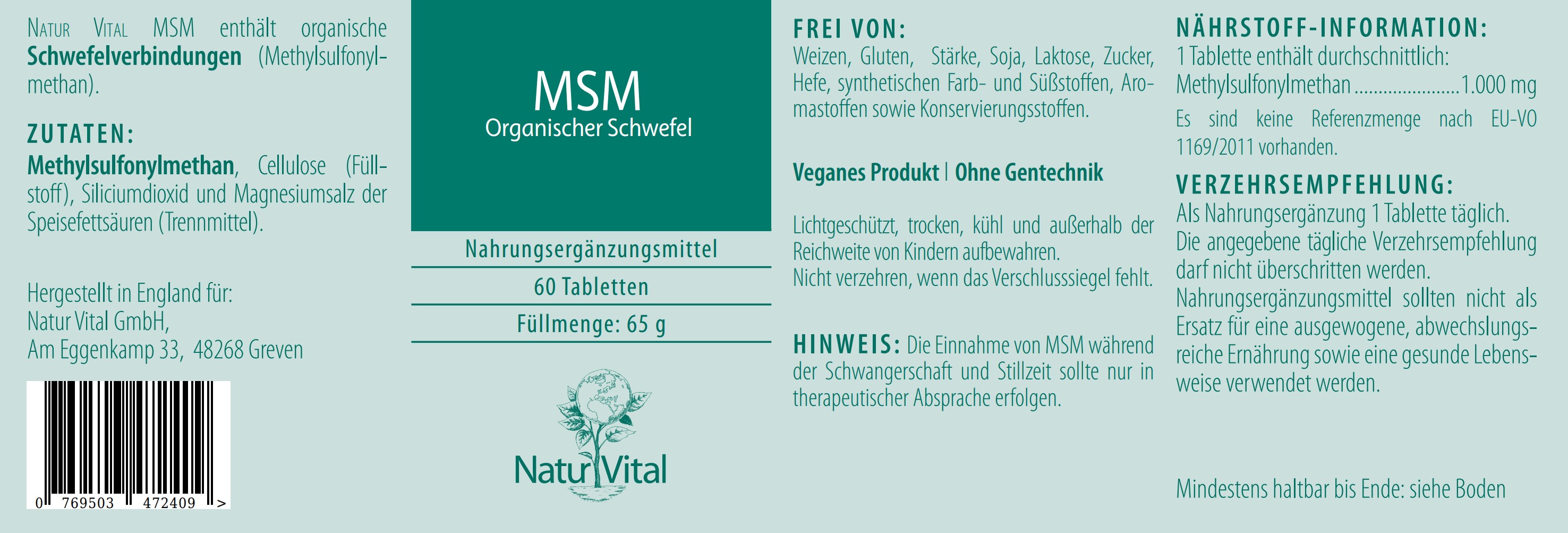 Etikett MSM Organischer Schwefel von Natur Vital beinhaltet 60 Tabletten