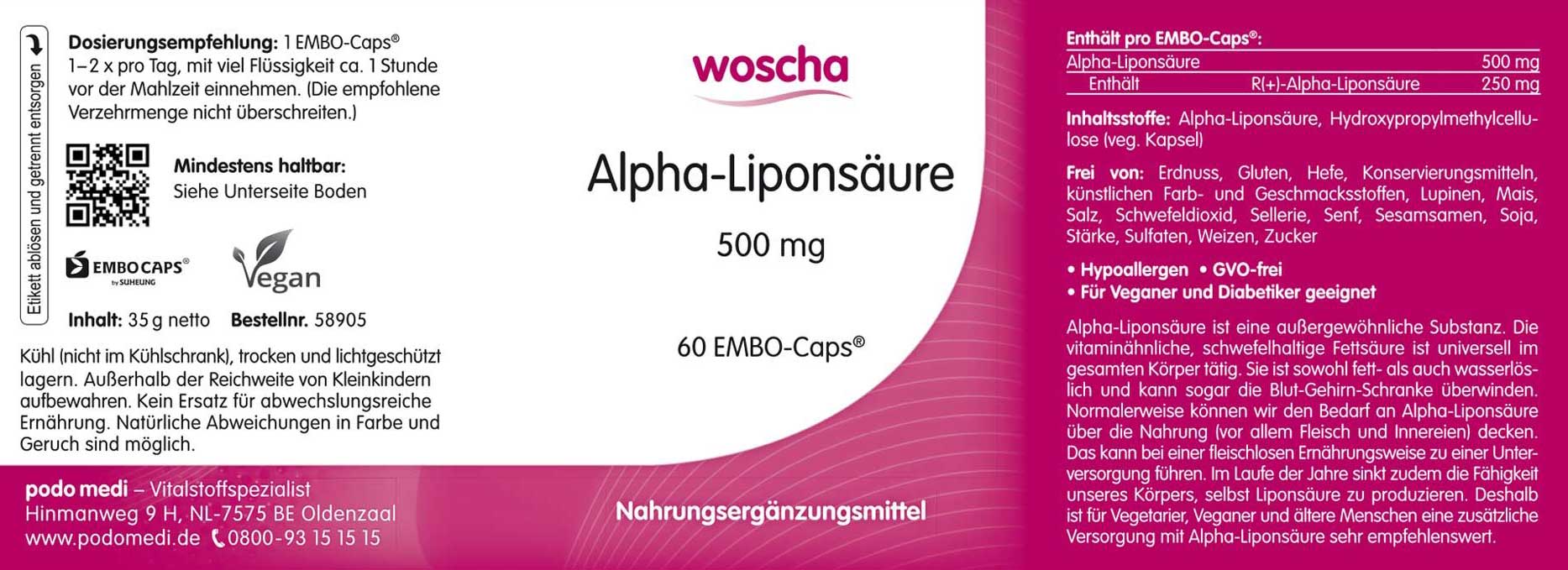 Woscha Alpha-Liponsäure podo medi 60 Kapseln Etikett Woscha Alpha-Liponsäure von podo medi beinhaltet 60 Kapseln Etikett