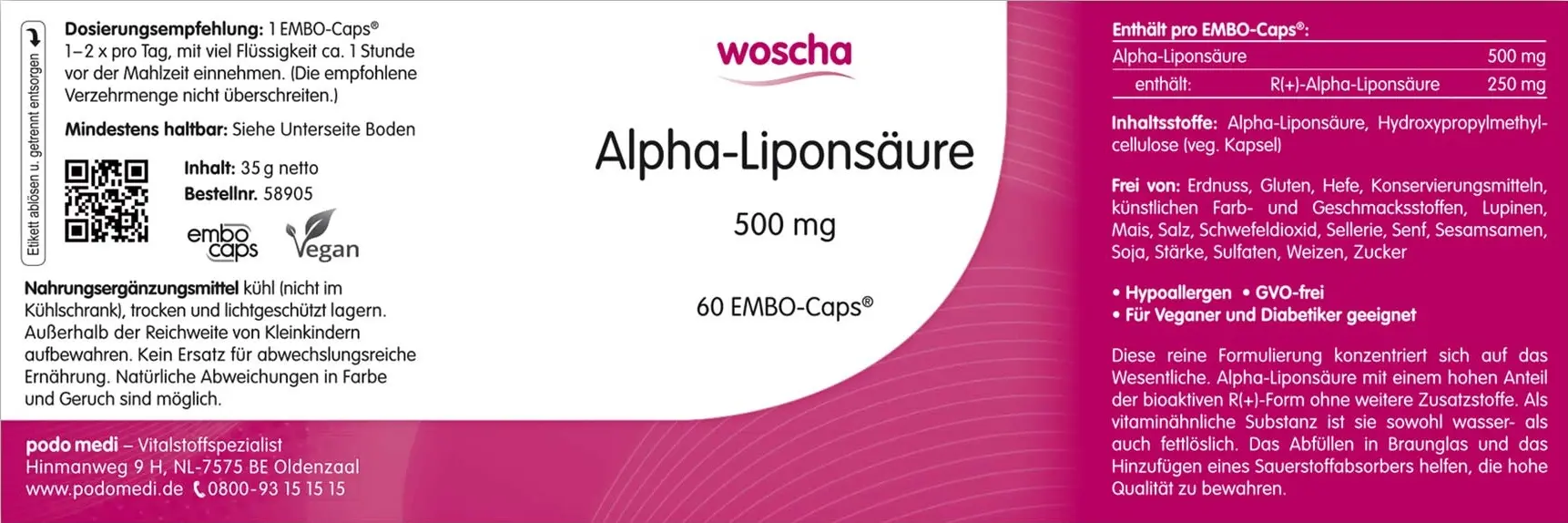 Woscha Alpha-Liponsäure von podo medi beinhaltet 60 Kapseln Etikett