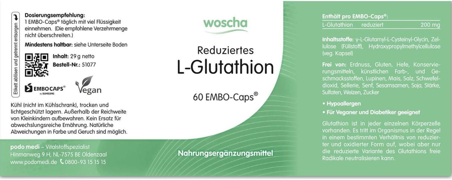 Woscha Reduziertes L-Glutathion von podo medi beinhaltet 60 Kapseln Etikett