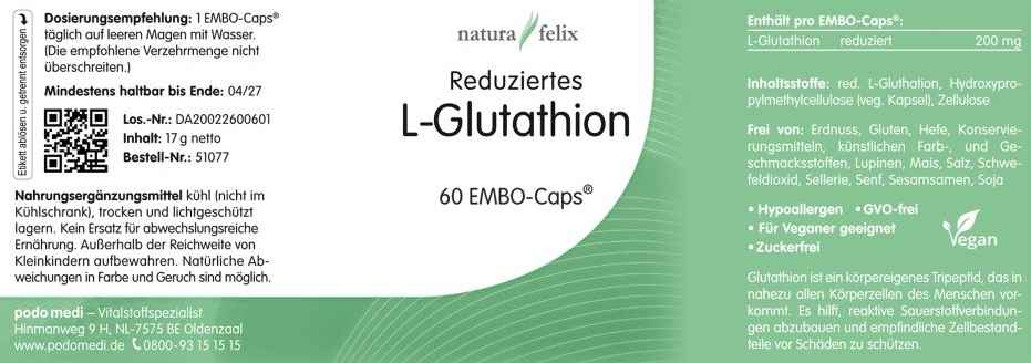 natura-felix Reduziertes L-Glutathion von podo medi beinhaltet 60 Kapseln Etikett