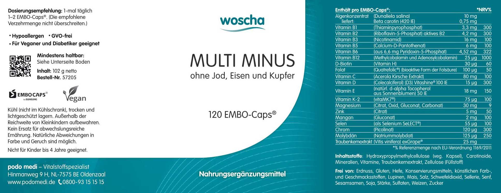 Woscha Multi Minus podo medi 120 Kapseln Etikett Woscha Multi Minus von podo medi beinhaltet 120 Kapseln Etikett