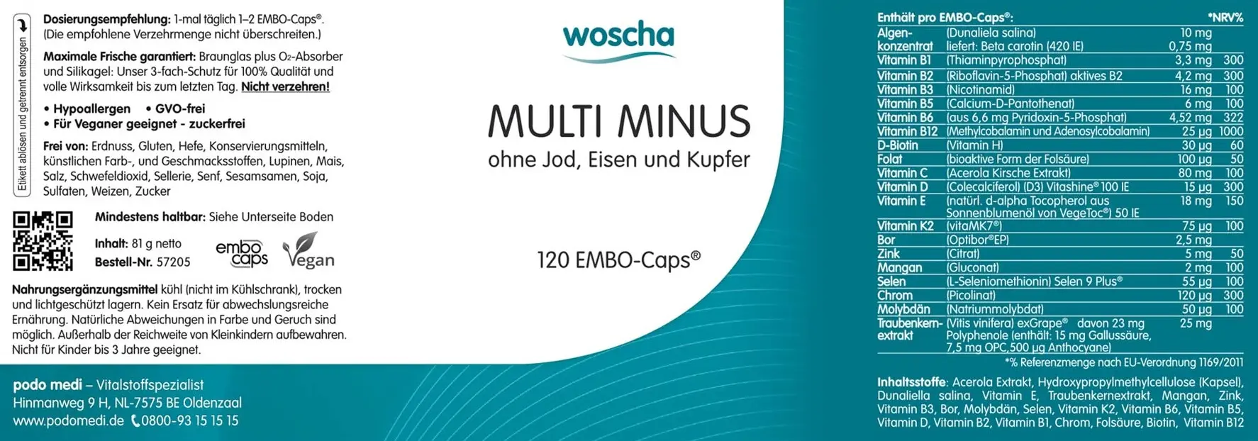 Woscha Multi Minus von podo medi beinhaltet 120 Kapseln Etikett